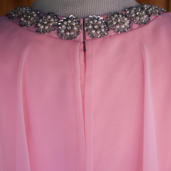 Vintage 1970's Mike Benet Formals Bubblegum Pink Chiffon Maxi Caplet Jewel Dress - Picture 14 of 17